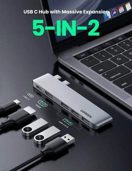 USB-хаб UGREEN CM251 5-in-2 Dual USB Type-C to 3x USB 3.0 + HDMI + USB Type-C Multifunction Adapter Space Gray (6957303865598)