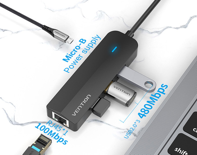 USB Hub Vention 3-Port z microUSB zasilaniem 0.15 m Black (6922794751972)