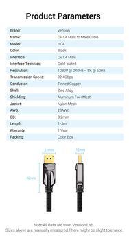 Кабель Vention DisplayPort v1.4 3 м Black (6922794743991)