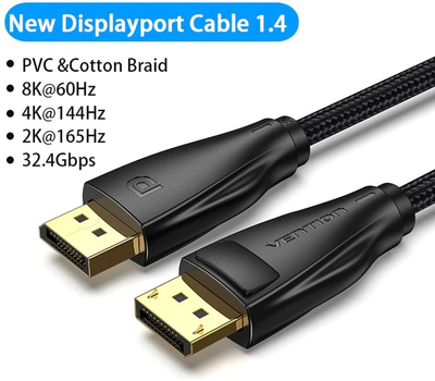 Kabel Vention DisplayPort v1.4 1 m Black, 8K 60 Hz, 4K 144 Hz, 2K 165 Hz, 1080P 240 Hz (6922794753921)
