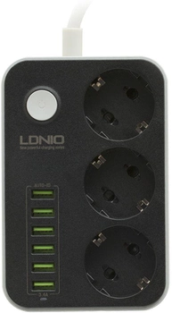 Мережевий фільтр-подовжувач LDNIO SE3631 3 розетки / 6 USB 1.6 м Black / White (6933138636312)