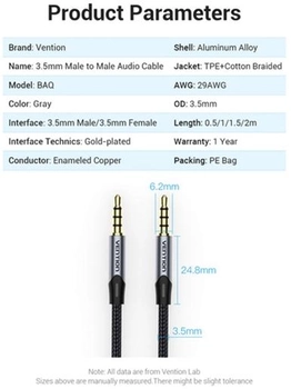 Kabel Vention TRRS Audio 3.5 mm Metal Type 2 m Black (6922794751286)