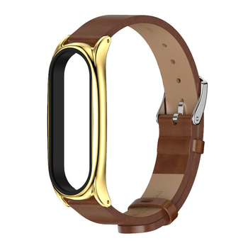 Ремінець шкіряний Mi Jobs для фітнес браслета Xiaomi Mi Band 3 4 5 6 Коричневий + золото (mrk2197)