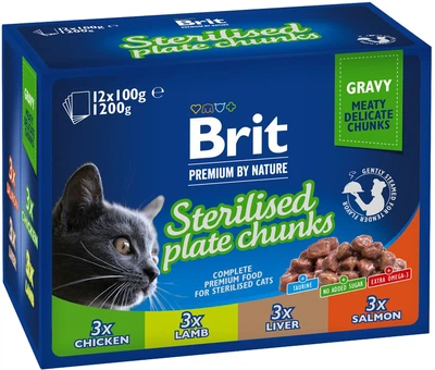 Промо набор Упаковка влажного корма для кошек Brit Premium семейная тарелка для стерилизованных кошек ассорти 4 вкуса 100 г х 12 шт. (8595602548514)
