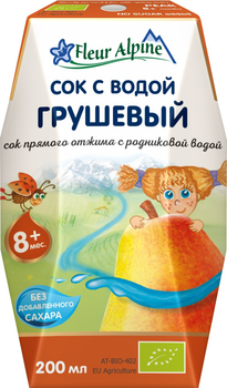 Упаковка соку органічного з природною водою Fleur Alpine ГРУШЕВИЙ прямого віджиму 24шт х 200 мл (9002711027292) термін придатності до 21.03.2024