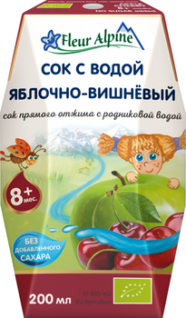 Упаковка соку органічного з природною водою Fleur Alpine ЯБЛУЧНО - ВИШНЕВИЙ прямого віджиму 24шт х 200 мл (9002711027179) термін придатності до 25.04.2024