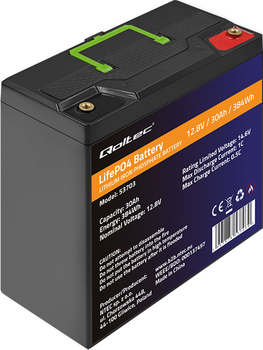 Акумуляторна батарея Qoltec LiFePO4 Літій-залізо-фосфатний 12.8V 30Ah 384Wh BMS 53703 (5901878537030)