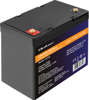 Акумуляторна батарея Qoltec LiFePO4 Літій-залізо-фосфатний 12.8V 50Ah 640Wh BMS 53704 (5901878537047)
