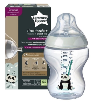 Butelka do karmienia Tommee Tippee Closer To Nature ze smoczkiem silikonowym 0 m+ Panda 260 ml (5010415225023)