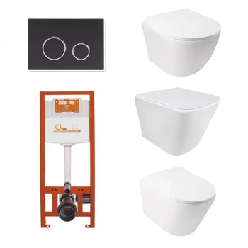 Набор: Qtap Tern + Jay + Swan Ultra Quiet унитазы подвесные + Nest комплект инсталляции 4в1 (клавиша круглая Black mat)
