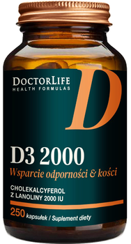 Suplement diety Doctor Life D3 2000 z Lanoliny w oliwie z oliwek 250 kapsułek (5906874819913)