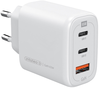 Мережевий зарядний пристрій Intaleo TCG65GAN 65W GAN 2xUSB-C PD+USB-A QC 3.0 White (1283126559525)