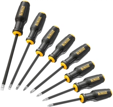Набор отверток DeWALT TOUGHSERIES MAX FIT®", 8 шт: прямой шлиц: 5 x 100 мм, 6.5 x 100 мм, 8 x 150 мм, "Phillips": Ph1 x 75 мм, Ph2 x 100 мм, Ph3 x 150 мм, квадрат: SQ1 x 75 мм, SQ2 x 150 мм. DWHT65102-0