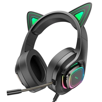 Игровые проводные наушники HOCO W107 Cute Luminous Cat Ear Gaming Headphones |геймерская гарнитура, проводные, 40-мм динамики, USB + AUX 3.5 мм, гибкий микрофон, кабель 2 м, подсветка, кошачьи ушки| Черно-зеленый