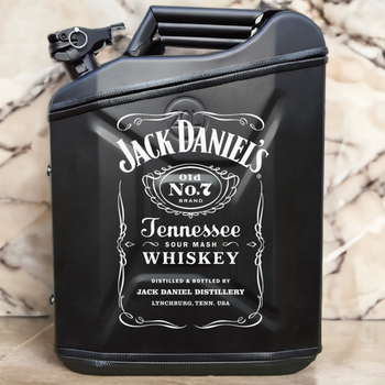 Подарунок набір для чоловіків Каністра бар 20 л чорна з принтом Jack Daniel's + посуд в міні бар