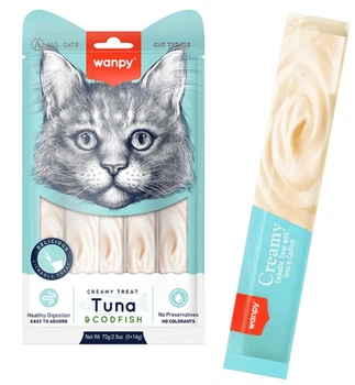Рідкі ласощі для котів Wanpy Creamy Lickable Treats Tuna & Codfish з тунцем та тріскою (5 стіків х 14 г) (6927749871125)