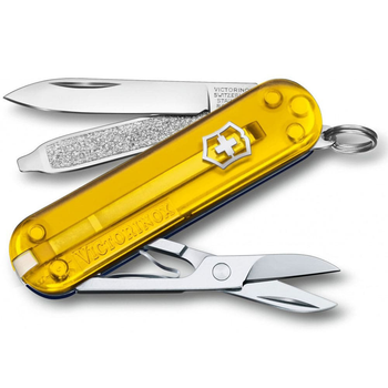 Складаний швейцарський ніж Victorinox Vx06223.T81G.T2 Classic SD Ukraine 7 функцій 58 мм прозорий жовто-синій