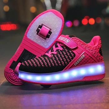 Роликовые кроссовки для девочек с LED подсветкой малиновые на 2-х колесах (LR 1218) 39(25см)