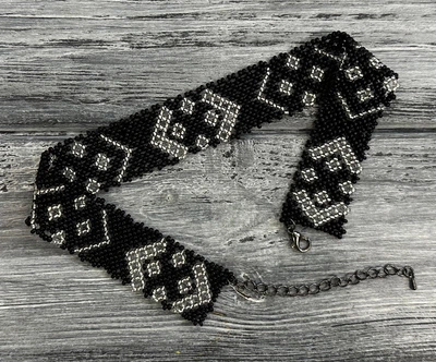 Традиционное украинское ожерелье чокер из бисера HatynkaUA Necklace в этностиле ручной работы Черный с серебром (SUN999_44_1)