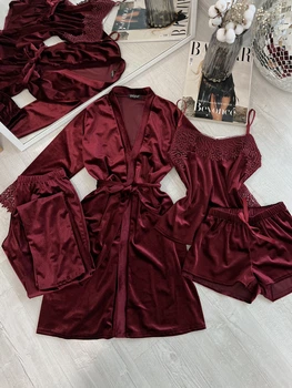 Пижама женская четверка халат майка шорты брюки Tina Collection XL бордо