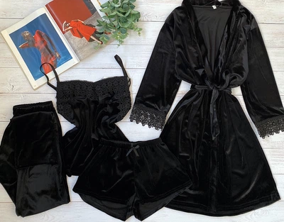 Пижама женская четверка халат майка шорты брюки Tina Collection S черный
