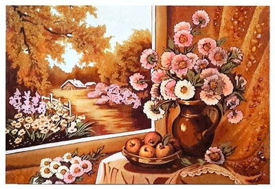 Картина "Цветы и яблоки" из янтаря 20х30