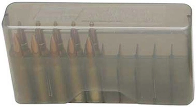 Коробка MTM J-20-M на 20 патронов кал. 219 Zipper; .22 BR; .224 Valkyrie; 6 mm BR Norma; 6,5x55; 7,62x39; 30-30 Win; 308 Win; 410/76. Цвет – дымчатый.