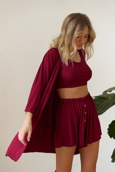 Пижама женская тройка халат топ шорты Merlin Collection L-XL бордо