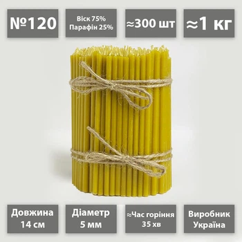 Церковные свечи восковые 75% №120 / 14см / 1кг / 300шт