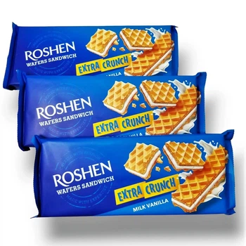 Упаковка вафель Roshen Wafers Sandwich Extra Crunch Milk Vanilla 142 г х 15 шт
