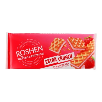 Упаковка вафель Roshen Wafers Sandwich Crunch з полуничною начинкою 142 г х 15 шт