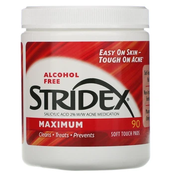 Stridex, серветки від вугрів, без спирту, 90 м'яких серветок