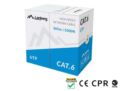Кабель LAN Lanberg UTP Cat.6 solid CU CPR + Fluke passed 305 м Сірий (LCU6-11CU-0305-S)