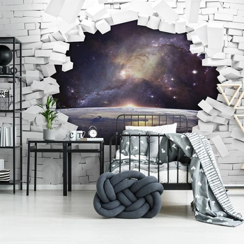 Фотошпалери для хлопчика 312 x 219 см Космос за 3D цегляною стіною (13744VEXXL)+клей