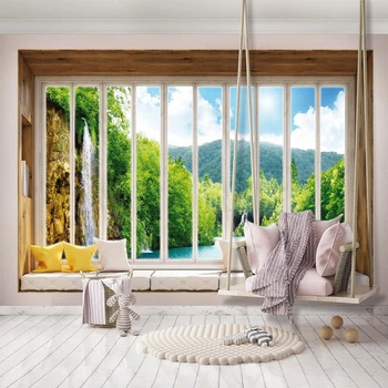 Природа лес фото обои 3D 460x300 см Вид из большого окна на красивый водопад (10653P12)+клей
