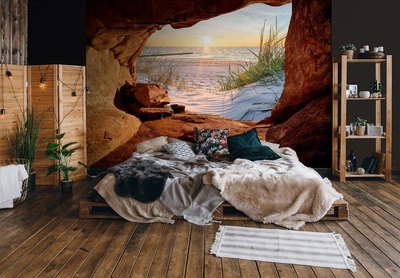 Фотошпалери з морською тематикою 3D Печера Пейзаж Пляж (14216V)+клей
