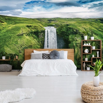 Природа пейзаж флизелиновые фотообои 3D Зеленый водопад Скоугафосс в Исландии (12985V)+клей