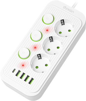 Мережевий фільтр-подовжувач Dyxon 3 розетки 4xUSB-A 1xUSB-C PD 2 м White (DXN-MFP-34PD2MW)