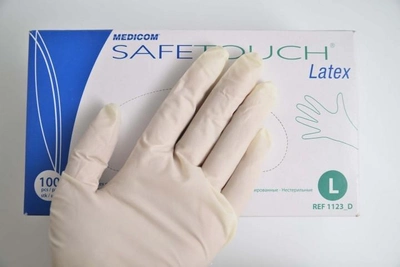 Рукавички латексні Medicom нестерильні без пудри SafeTouch 5.5 гр (розмір L) 50 пар