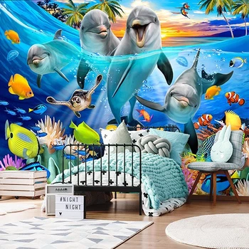 Флизелиновые фото обои с животными 3D Океан Водный Мир 254x184 см Дельфины и морские рыбки (12851V4)+клей