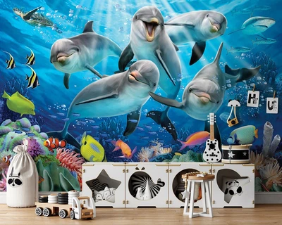 Флизелиновые фотообои 254x184 см 3D Дельфины и подводный мир (12849V4)+клей