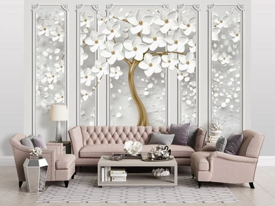 Фотообои 3D флизелиновые 368 x 254 см Золотое дерево с белыми цветами и колоннами (13933V8)+клей