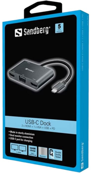 Hub USB Sandberg USB-C to 2xHDMI, VGA, USB-A, USB-C PD Grey (5705730136351)