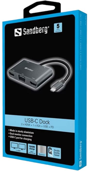 USB-хаб Sandberg USB-C to 2xHDMI, VGA, USB-A, USB-C PD Grey (5705730136351)