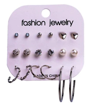 Бижутерные серьги 2063 набор 9 пар серебристые гвоздики Fashion Jewelry silver