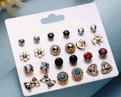 Бижутерные серьги 2061 набор 12 пар золотые гвоздики Fashion earrings gold