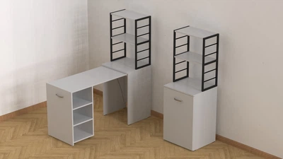 Стол-тумба трансформер Смарт 4/1 с этажеркой Ferrum-decor 1430x1450x500 Черный металл ДСП Белый 16 мм (SMART400)