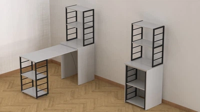 Стол-тумба трансформер Смарт 3/1 с этажеркой Ferrum-decor 1430x1450x500 Черный металл ДСП Белый 16 мм (SMART300)