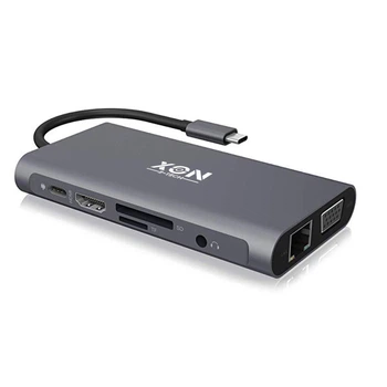 Док-станция XON SmartHub 10 в 1 (Ethernet, VGA, HDMI, 3.5 Audio, SD/TF, Type-C, 3xUSB3.0) Серый (UHCHP104300G 5252)