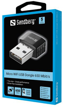 Wi-Fi adapter Sandberg Micro Dongle 2.4/5 GHz 650 Mbit/s USB Czarny (5705730133916)
